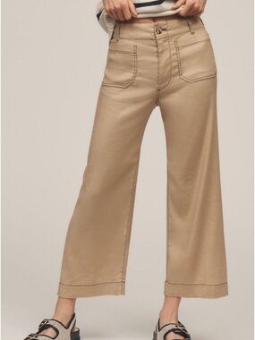 Maeve The Colette Cropped Wide Leg Pants Contrast Stitching Neutral Tan Sz 28